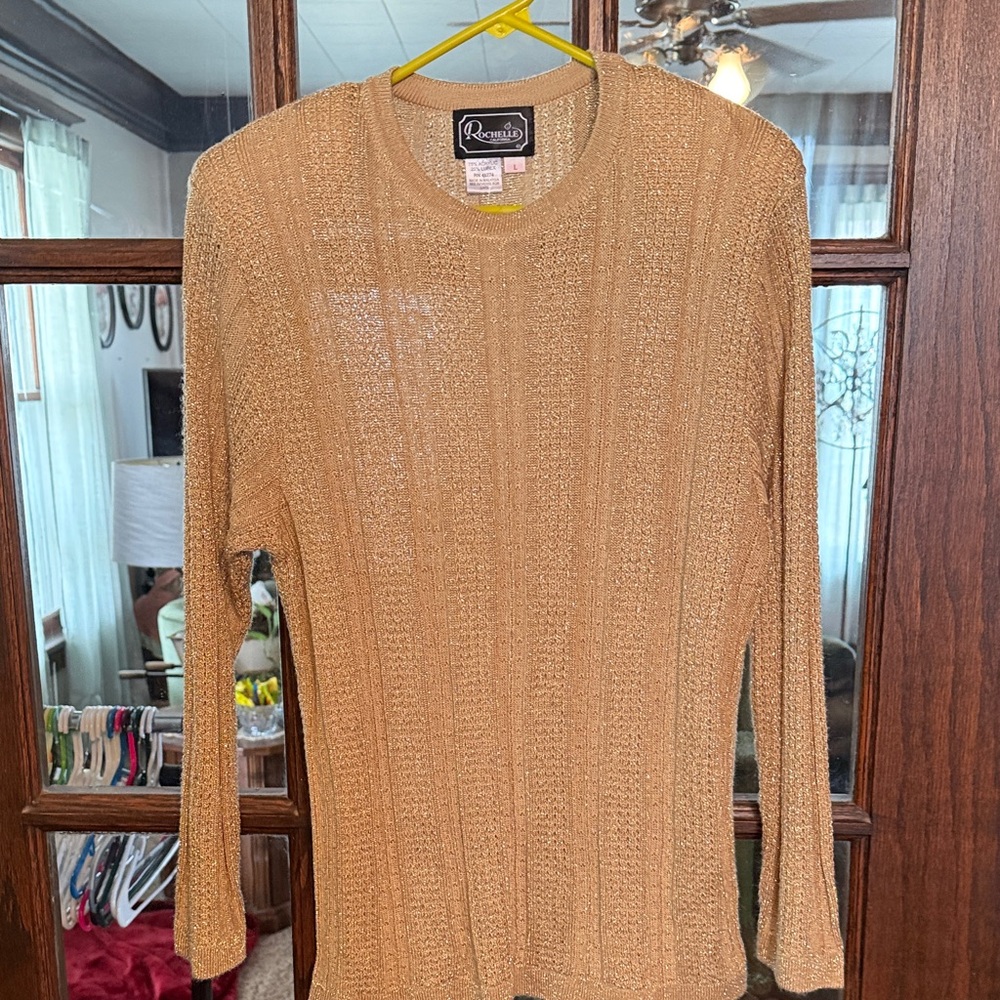 Rochelle California  Metallic Knit Top Long Sleeve Pointelle Ribbed Vintage L‎